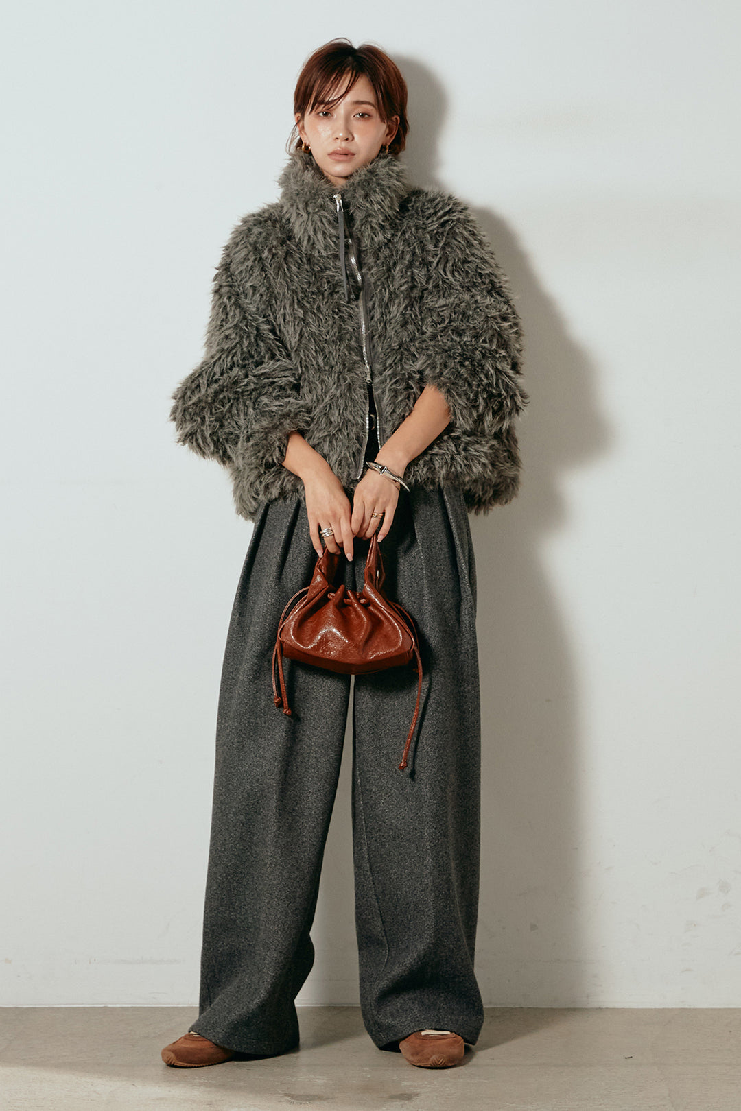 [SET]ミックスシープファースタンドブルゾン+フェイクウールタックトラウザーズパンツ(2set)