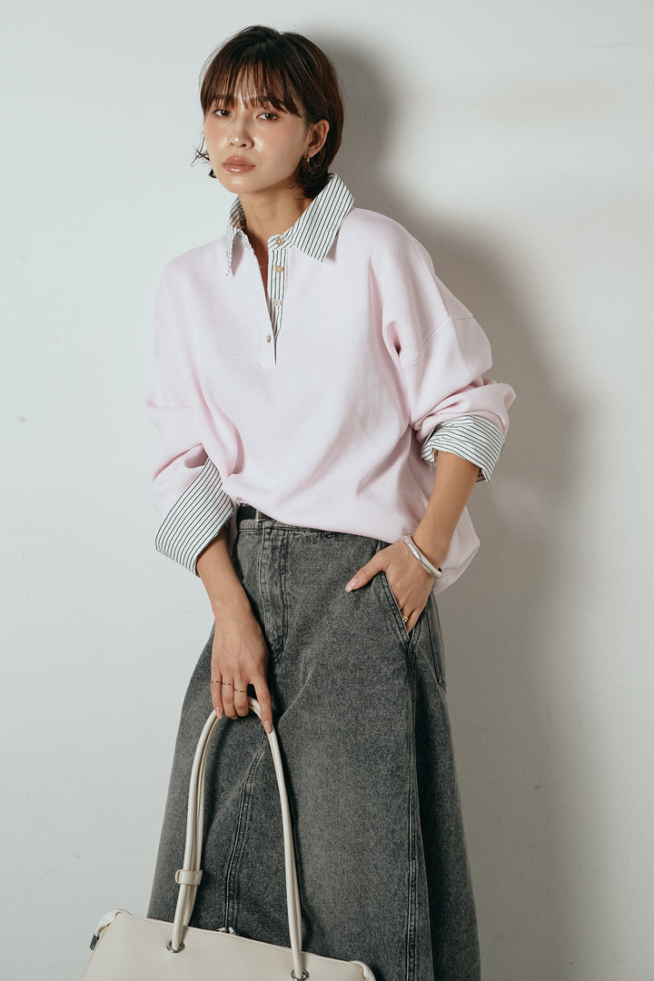 [SET]ストライプシャツドッキングポロトップス+デニムロングフレアスカート(2set)