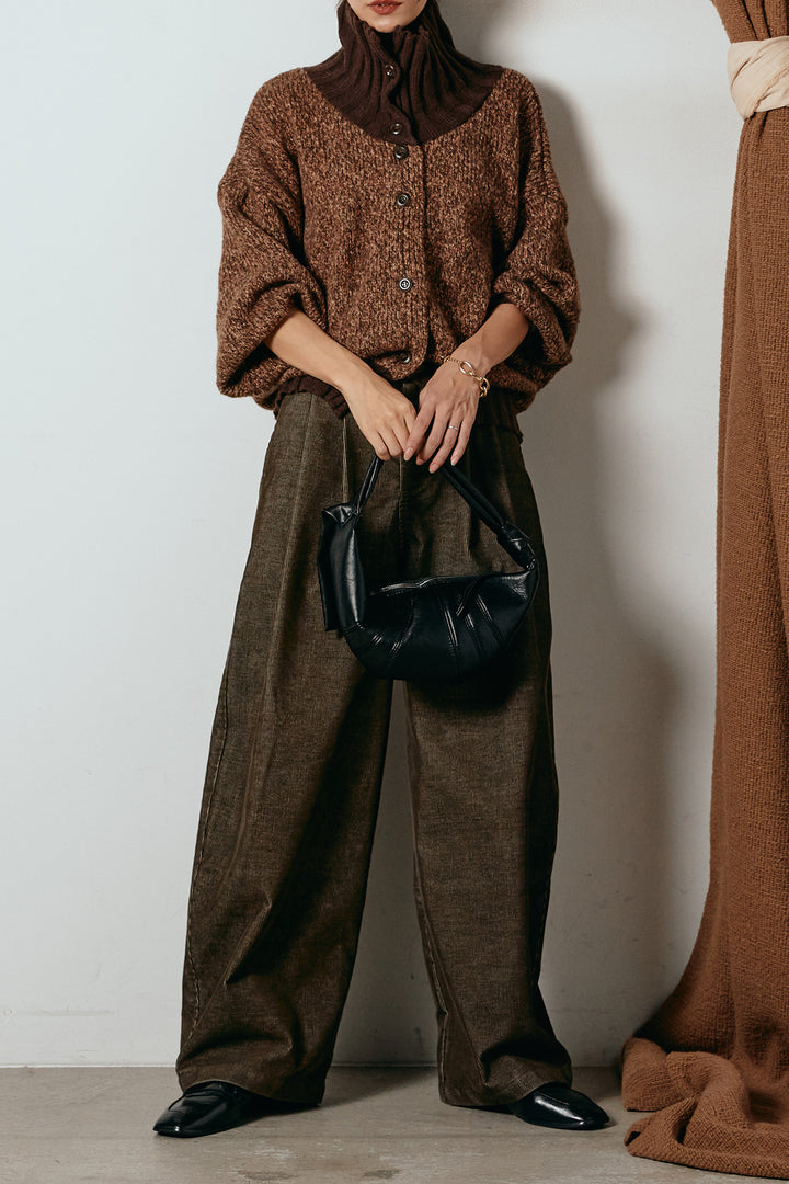 [SET]ハイネックミックスニットカーディガン+フロントタック入りコーデュロイパンツ(2set)