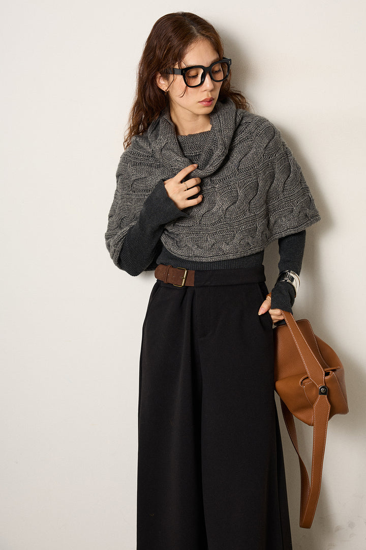 [SET]ケーブル編みケープレイヤードニット+サイドベルトパンツ(2set)