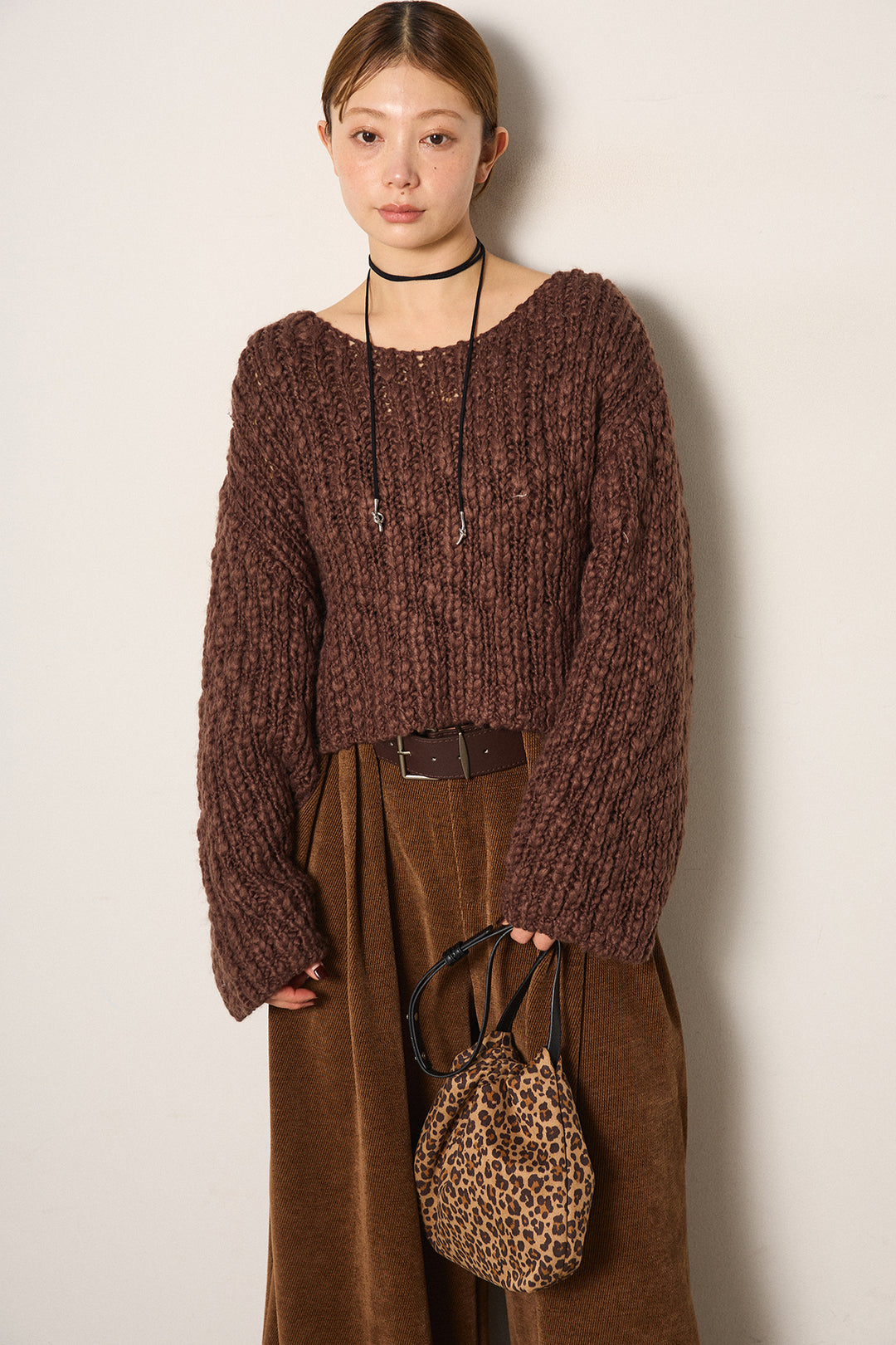 [SET]チャンキースラブニットクロップドプルオーバー+ベルトループコーデュロイワイドパンツ(2set)