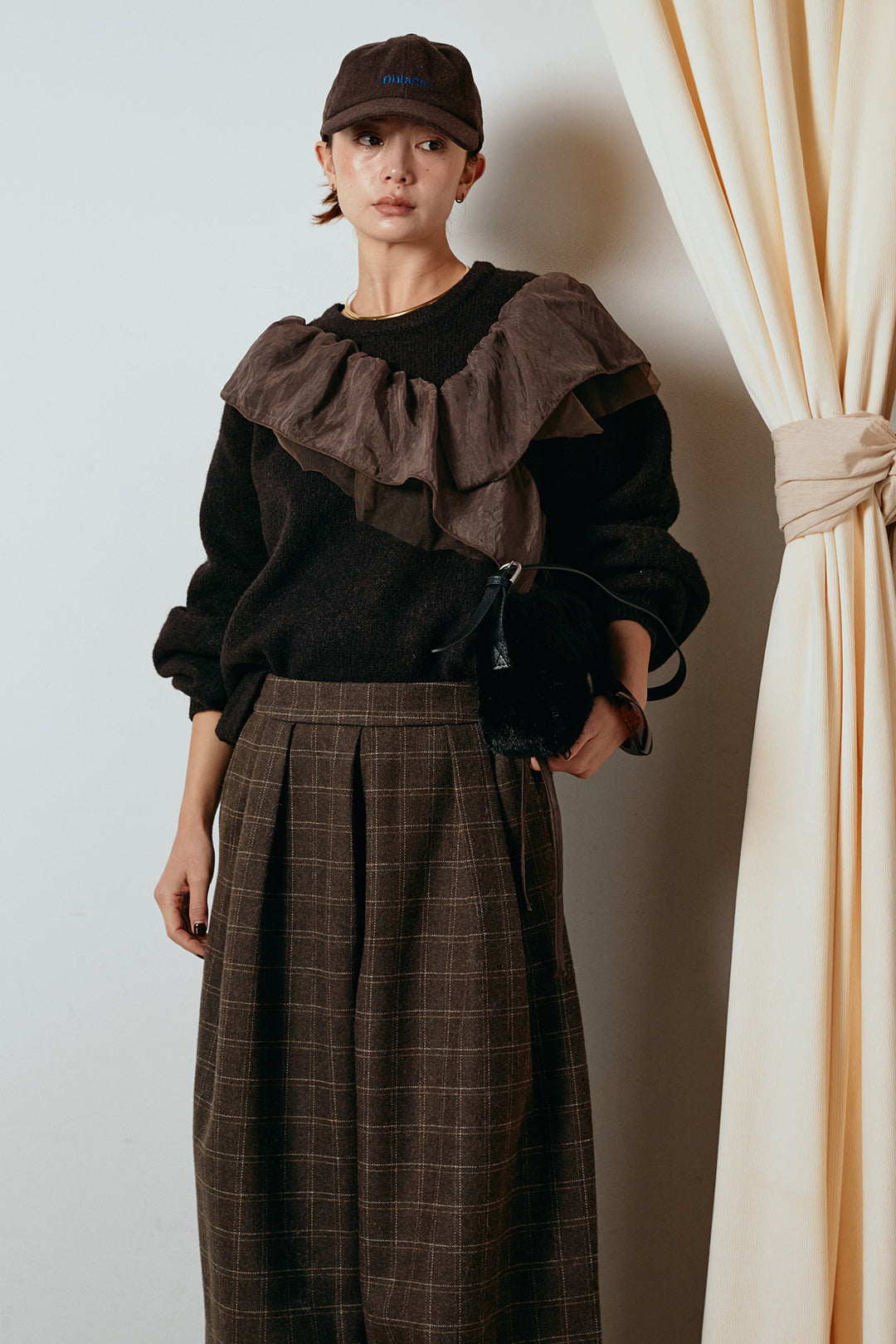 [SET]アシンメトリーフリルニットトップス+ウールライクチェックタックパンツ(2set)