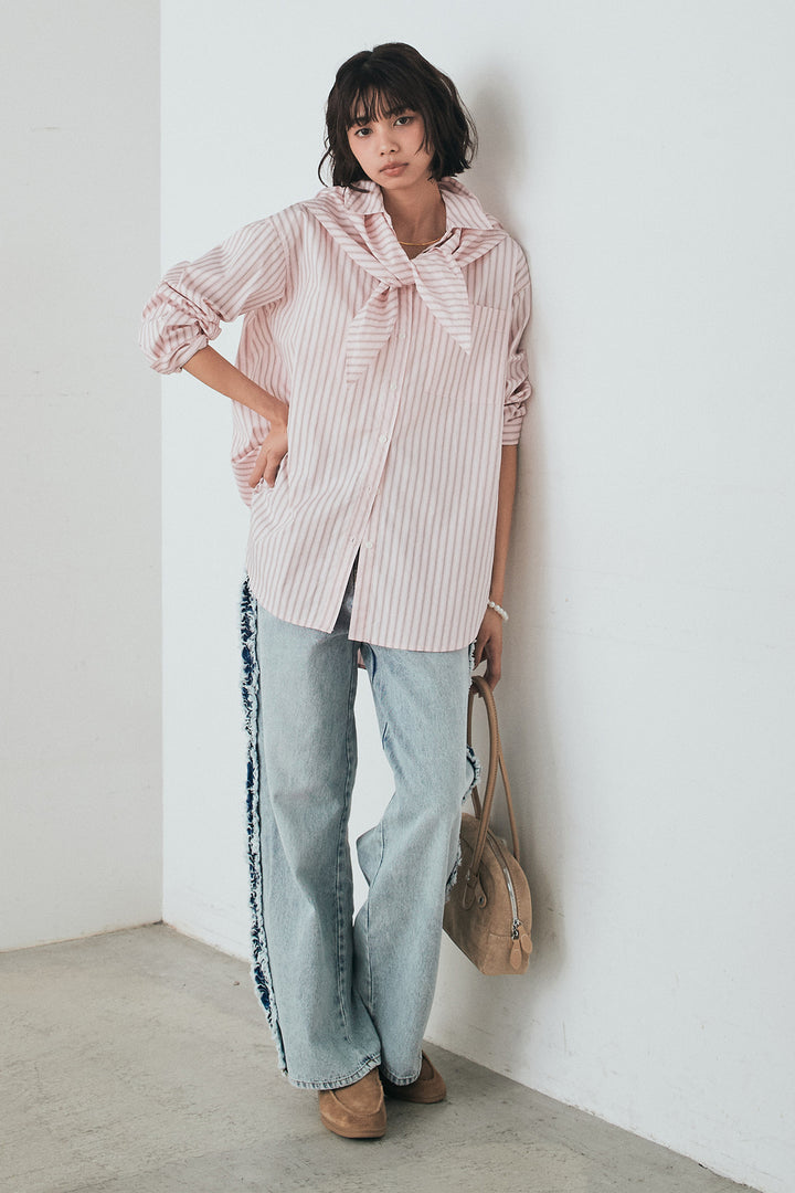 [SET]ランダムストライプスカーフ付きシャツ+デニムサイドフリルパンツ(2set)