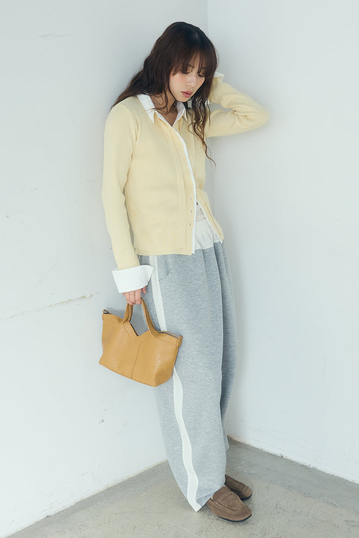[SET]シャツドッキングボタンニットカーディガン+異素材切り替えスウェットパンツ(2set)