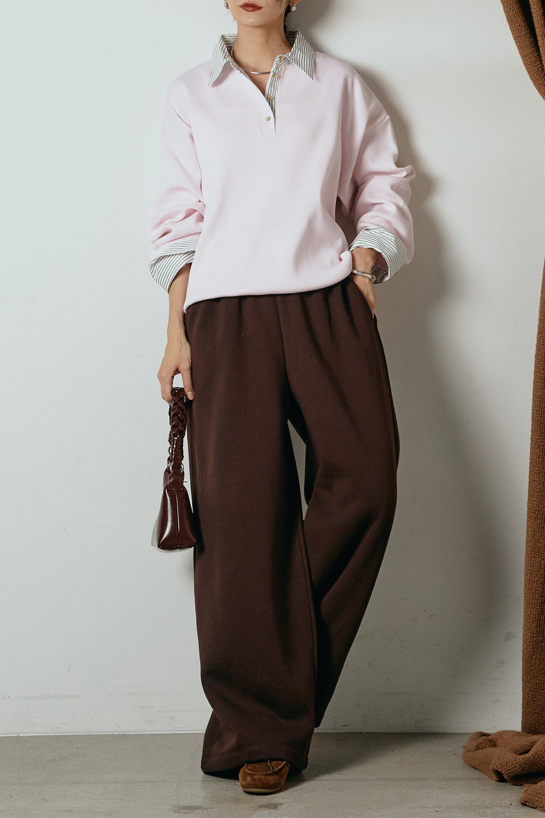 [SET]ストライプシャツドッキングポロトップス+裏起毛スウェットワイドパンツ(2set)