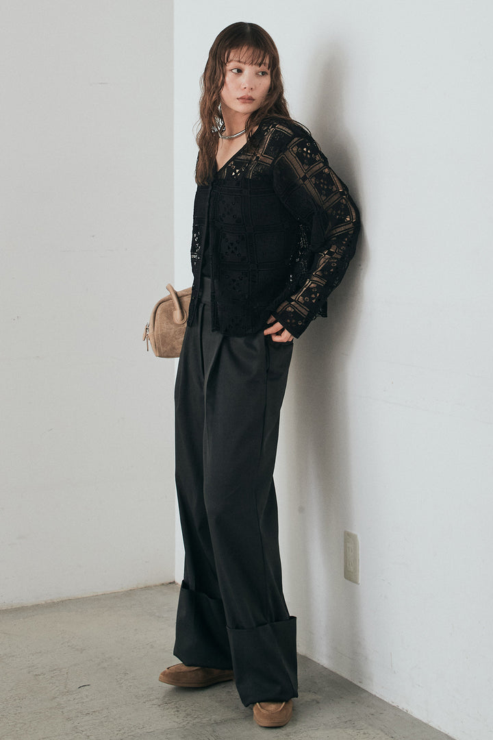 [SET]クロシェレースカーディガン+センタープレスセミワイドパンツ(2set)