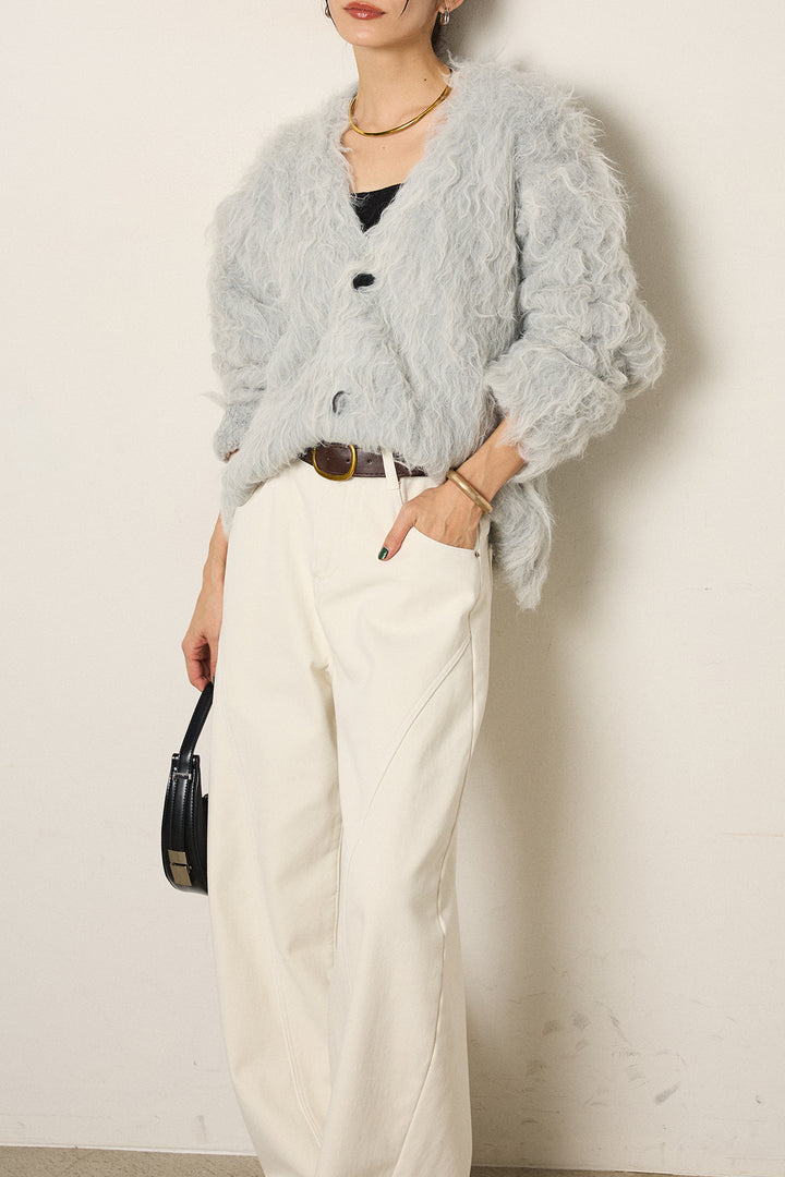 [SET]起毛シャギーニットカーディガン+ベルト付きカジュアルカーブワイドパンツ(2set)