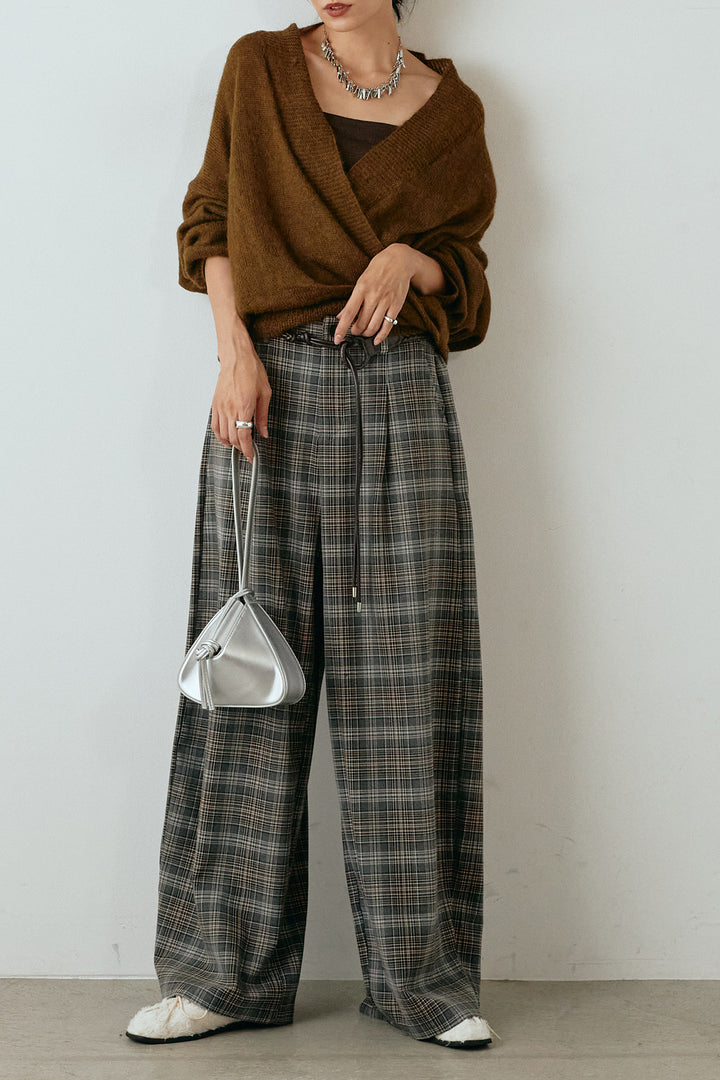 [SET]カシュクールデザインニット+編みベルト付きタータンチェックワイドパンツ(2set)