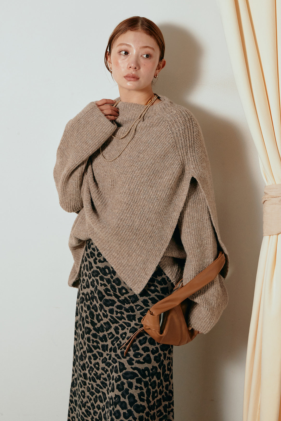 [SET]ケープデザインリブニットトップス+レオパードロングスカート(2set)