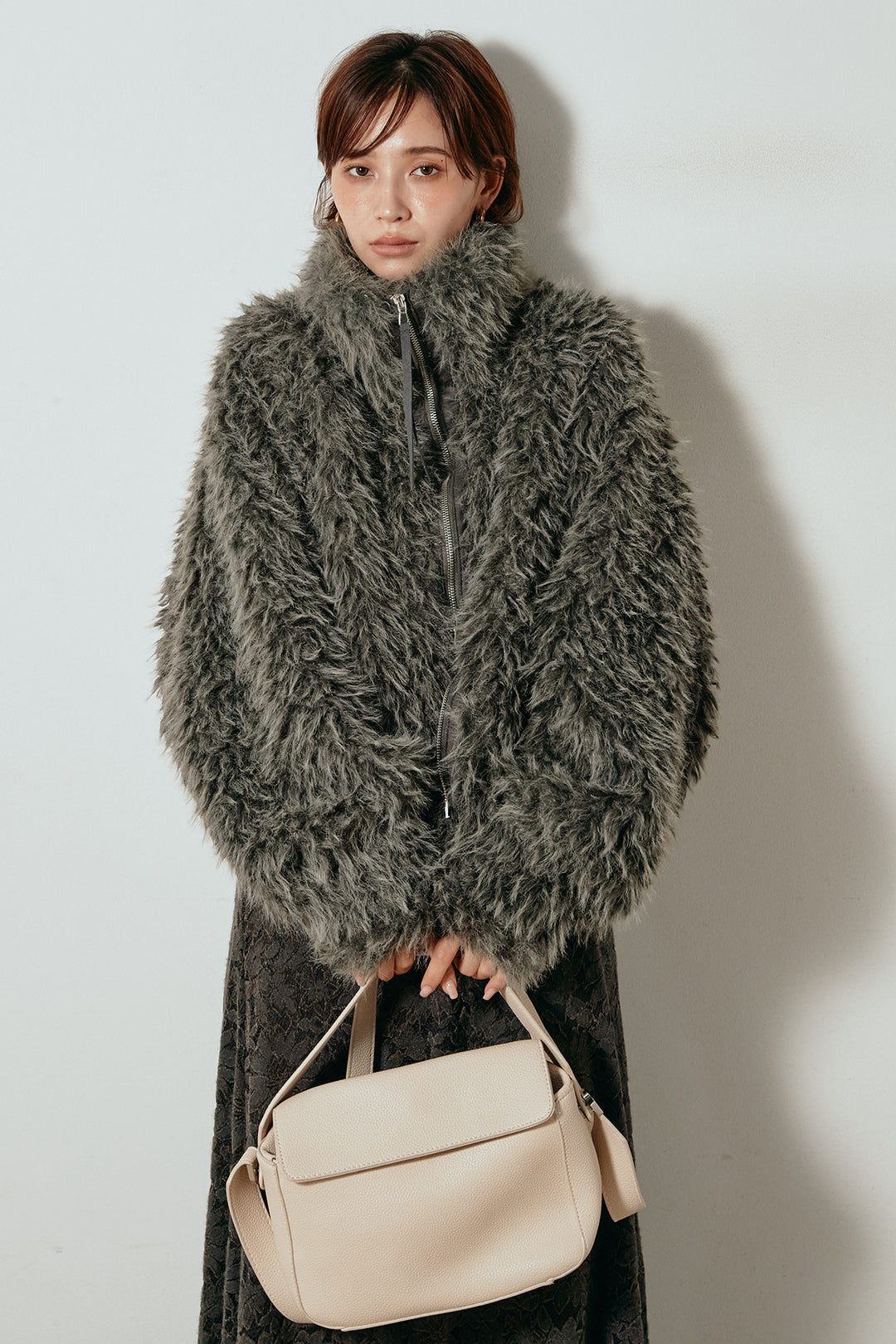 [SET]ミックスシープファースタンドブルゾン+花柄刺繍ベロアフレアスカート(2set)