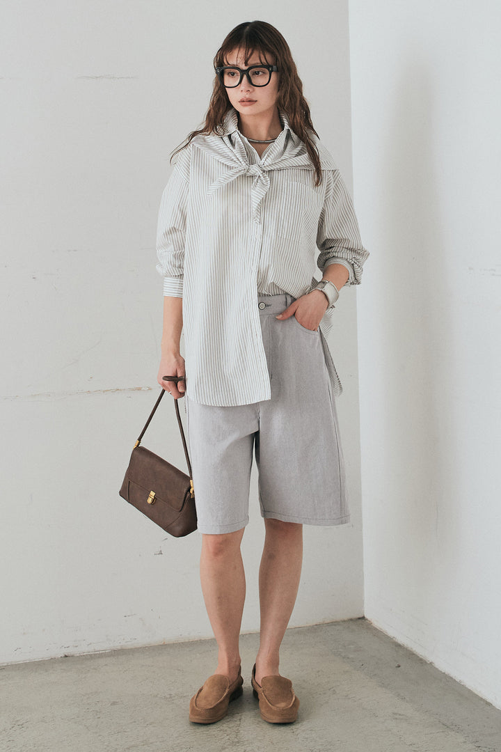 [SET]ランダムストライプスカーフ付きシャツ+デニムハーフパンツ(2set)