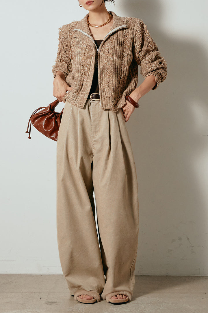 [SET]ハイネックフリンジジップニットトップス+フロントタック入りコーデュロイパンツ(2set)