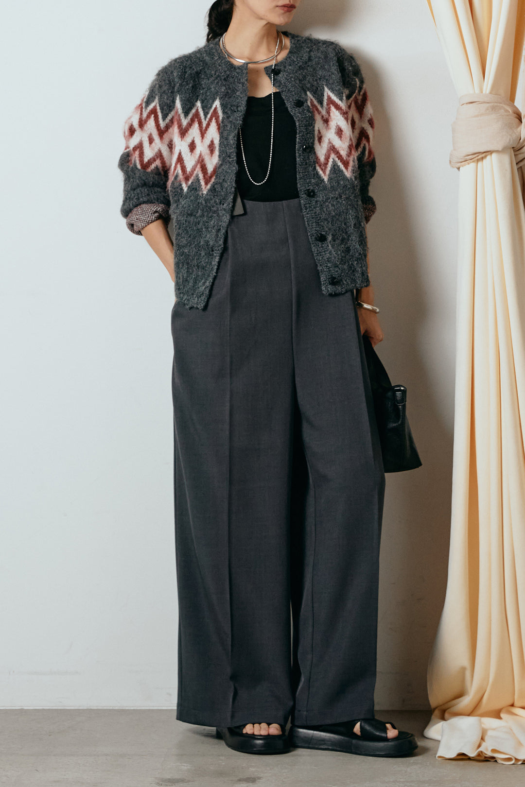 [SET]起毛ノルディック柄ニットカーディガン+ワイドツイルサロペット(2set)