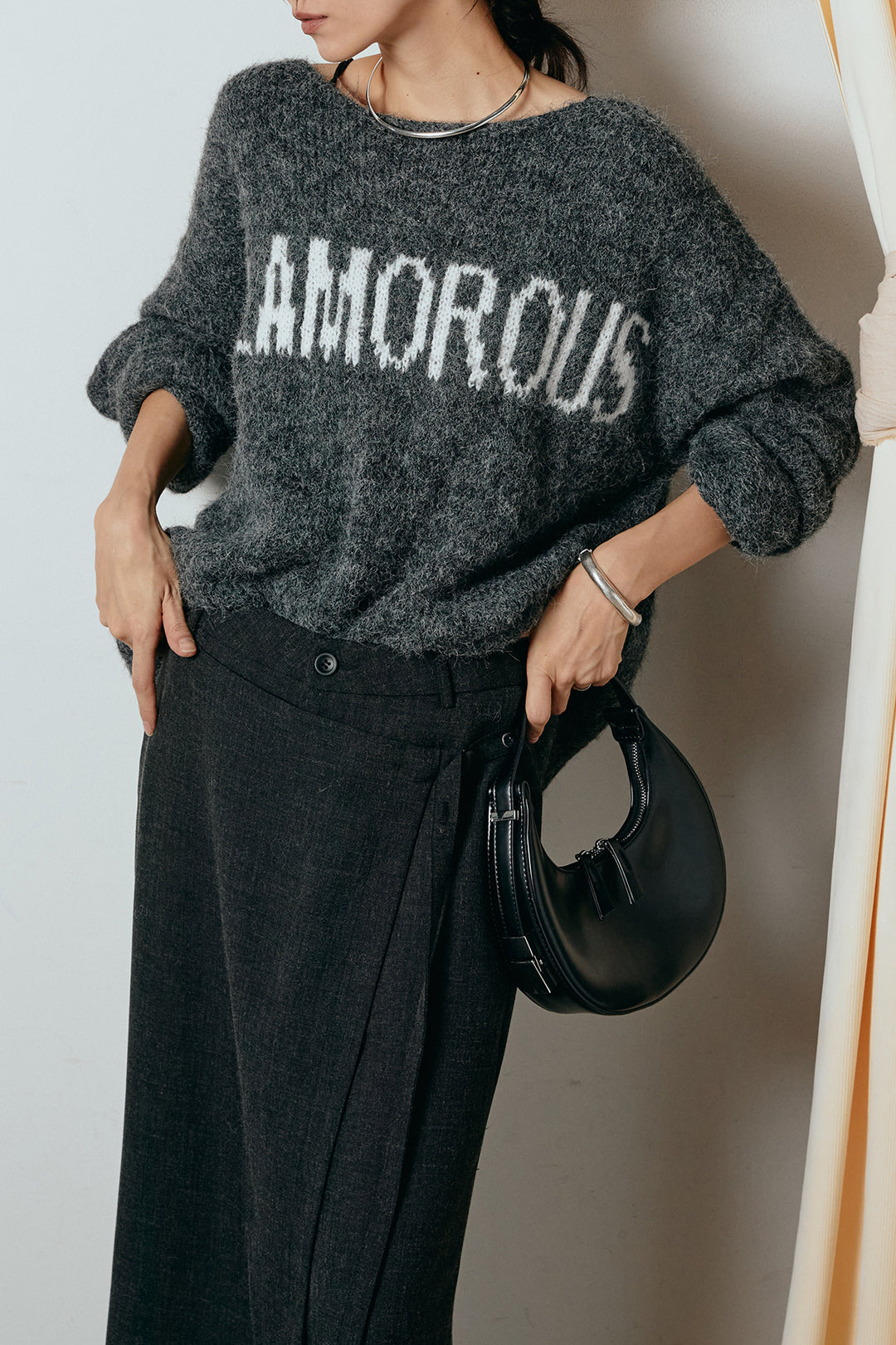 [SET]フロントロゴデザインニットトップス+ラップ巻きワイドスラックス(2set)