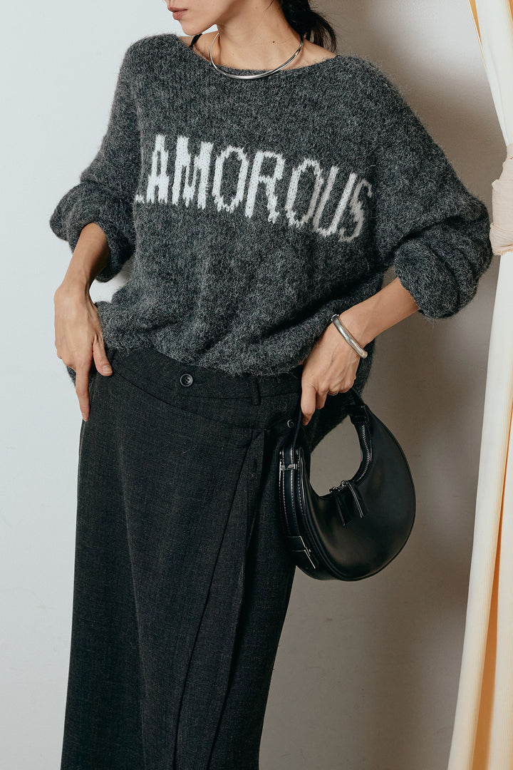 [SET]フロントロゴデザインニットトップス+ラップ巻きワイドスラックス(2set)