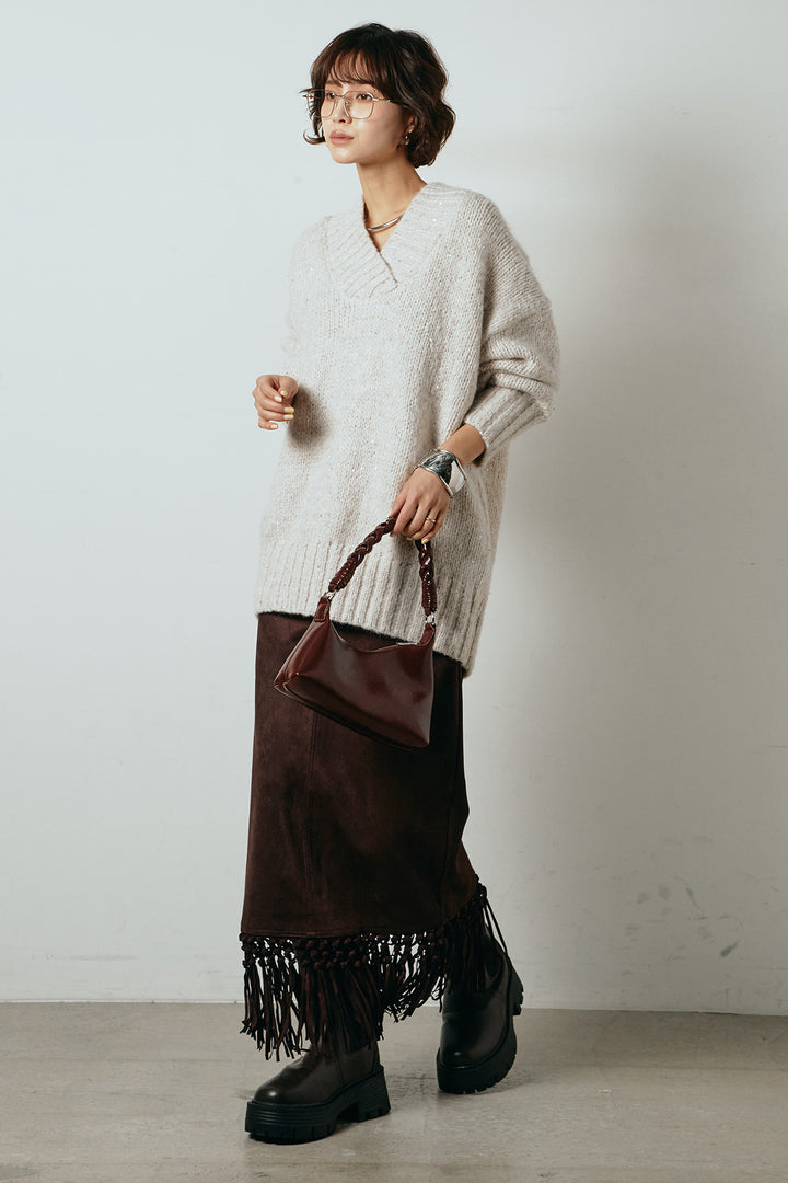 [SET]Vネックラメニットトップス+スウェードライク裾フリンジスカート(2set)