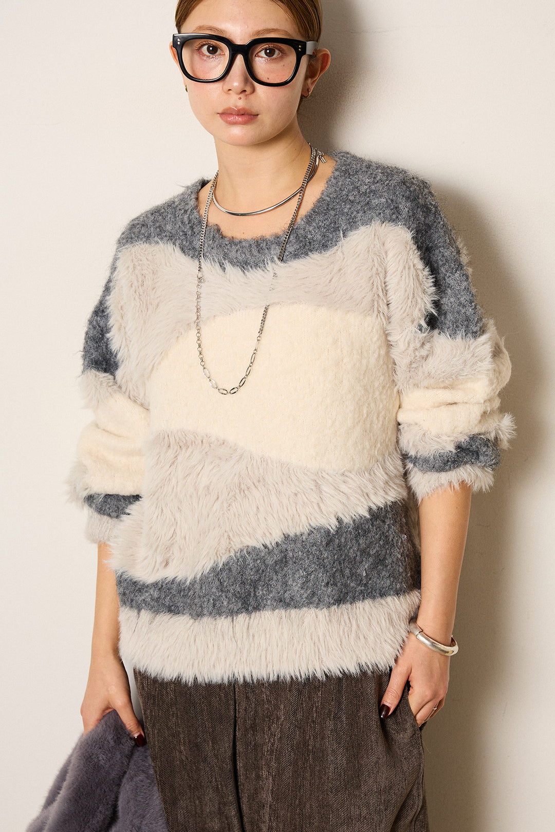 [SET]シャギーウェーブ柄クルーネックニットトップス+かすれデザインワイドパンツ(2set)