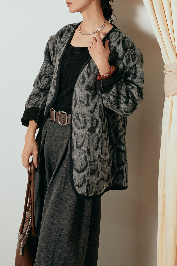 [SET]ノーカラーレオパード柄アウター+フェイクレザー太ベルト付きタックワイドパンツ(2set)