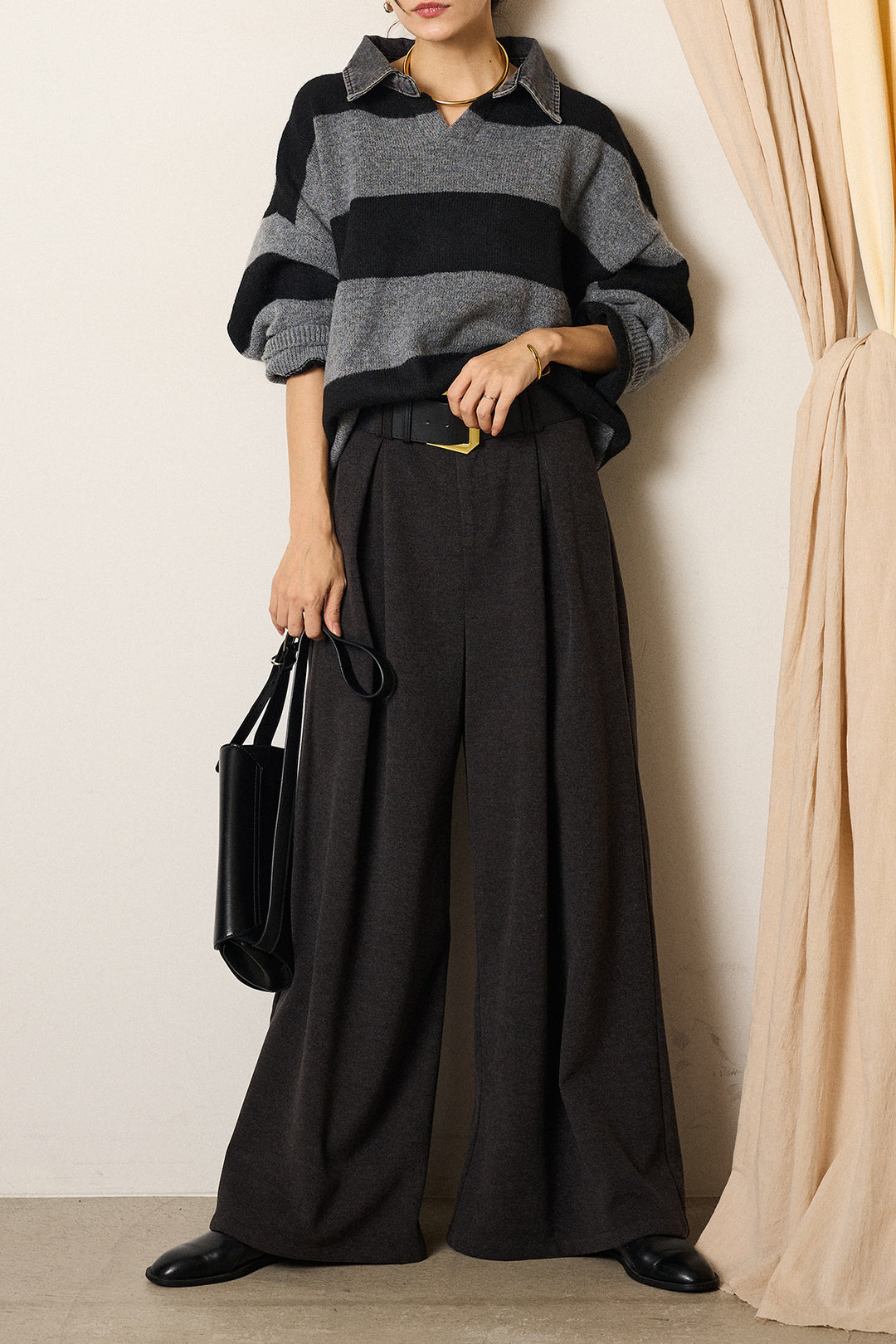 [SET]デニムカラーボーダールーズニット+ゴールドバックル太ベルト付きワイドパンツ(2set)