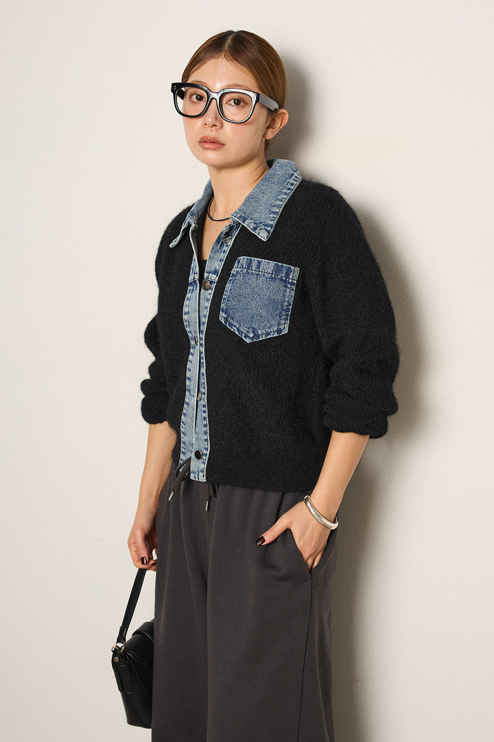 [SET]襟付きデニム切替ニットカーディガン+裏起毛スウェットワイドパンツ(2set)