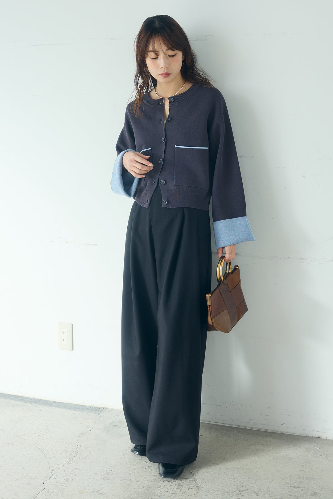 [SET]レーヨンポリダブルフェイスカーディガン+サイドベルトタック入りスラックス(2set)