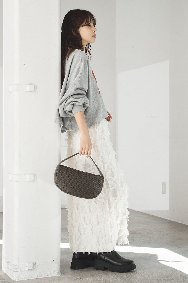 [SET]ビッグロゴHRU袖ボリュームトップス+カットフリンジニットタイトスカート(2set)