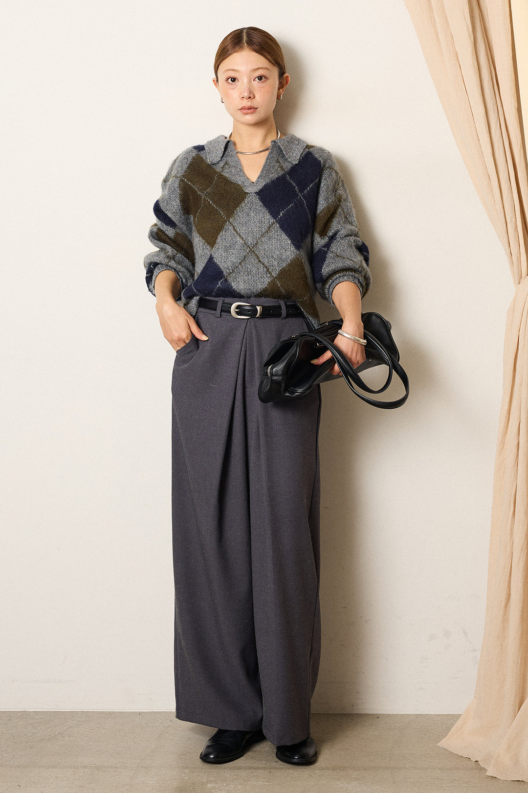 [SET]アクリルモヘアアーガイルキーネックプルオーバー+フロントワイドタックネップ入ワイドパンツ(2set)