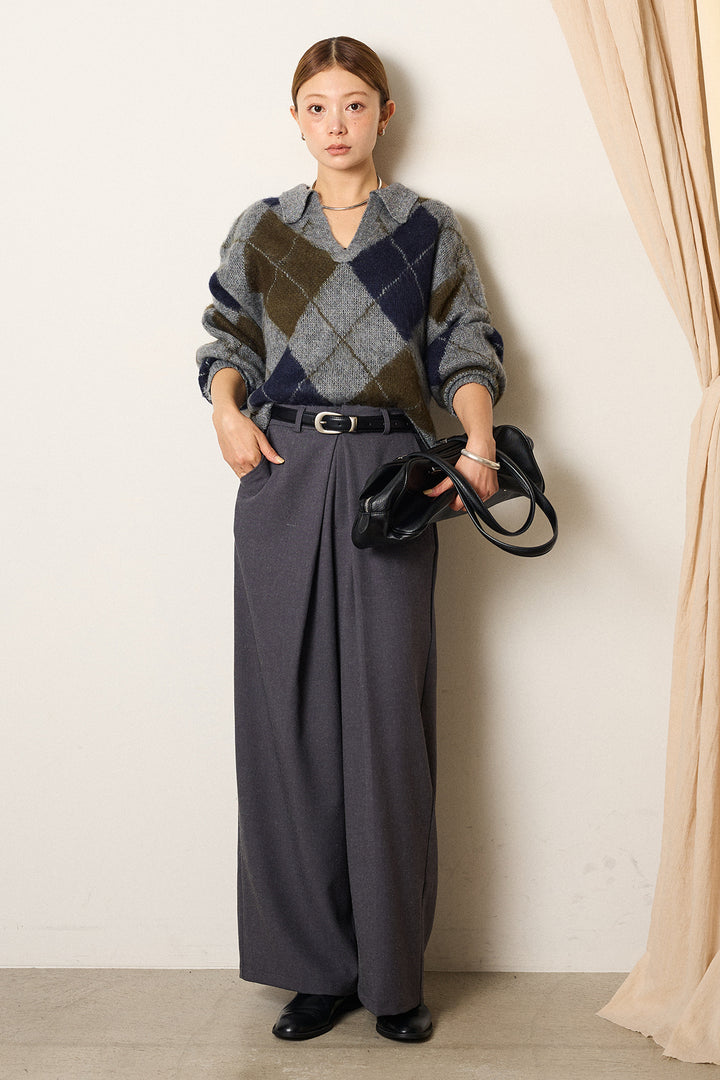 [SET]アクリルモヘアアーガイルキーネックプルオーバー+フロントワイドタックネップ入ワイドパンツ(2set)