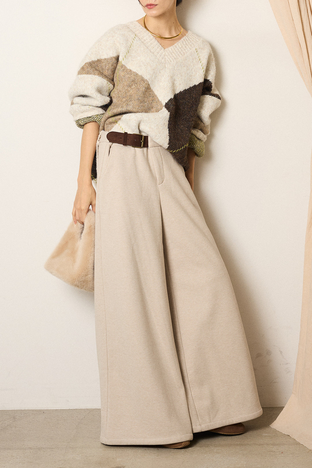 [SET]ルーズアーガイルVネックニット+サイドベルトパンツ(2set)