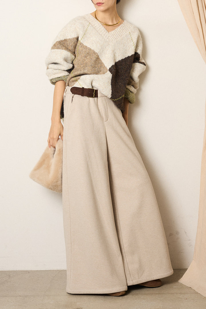 [SET]ルーズアーガイルVネックニット+サイドベルトパンツ(2set)