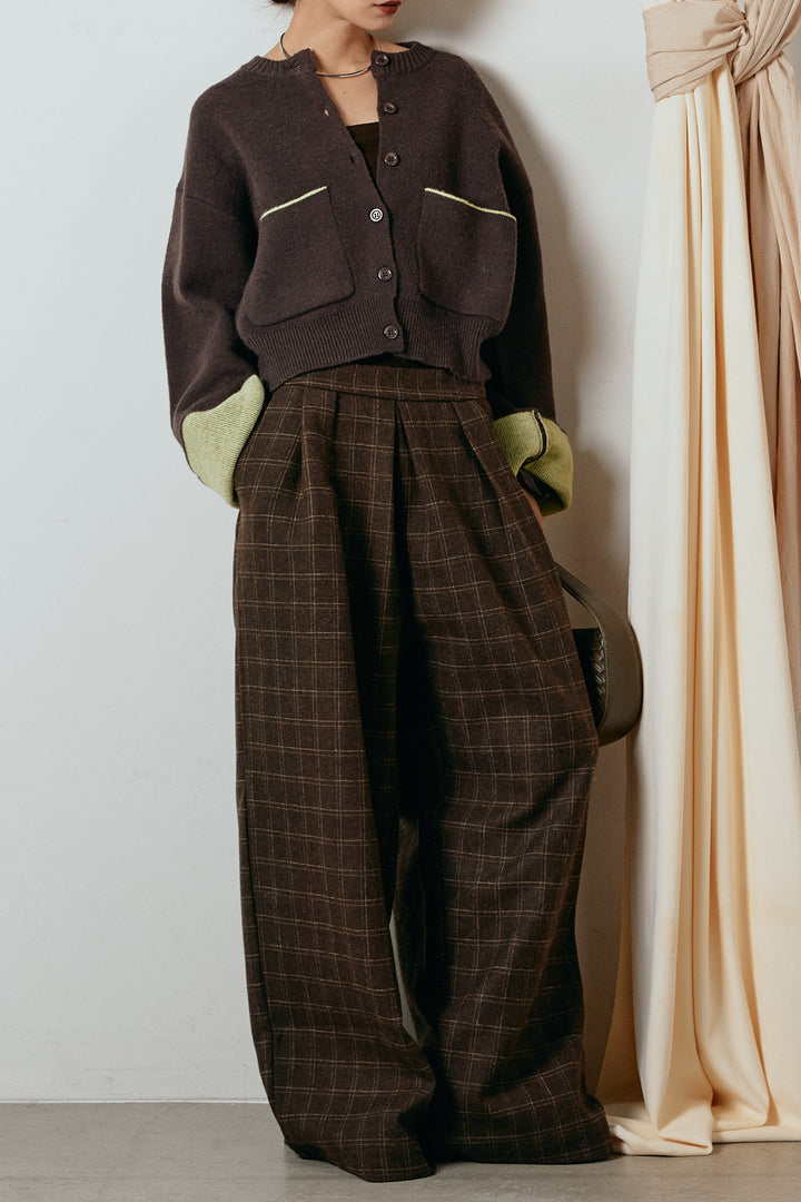 [SET]アルパカタッチダブルフェイスカーディガン+ウールライクチェックタックパンツ(2set)