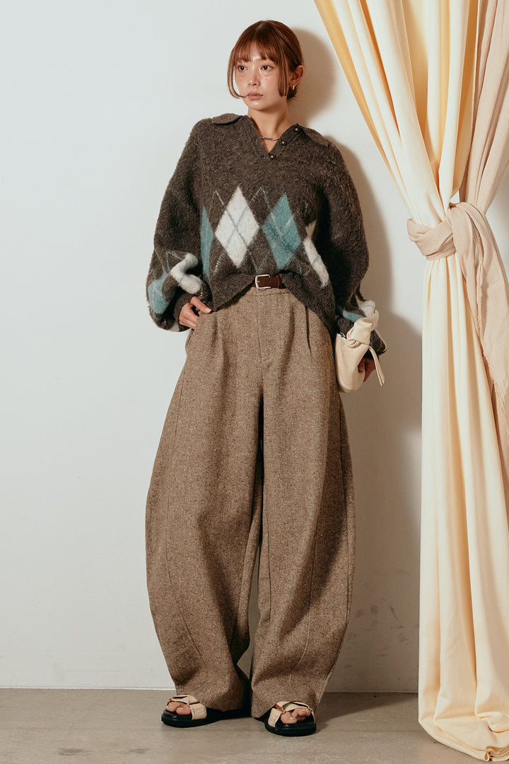 [SET]アーガイル柄ポロニットトップス+ベルト付きネップツイードカーブパンツ(2set)