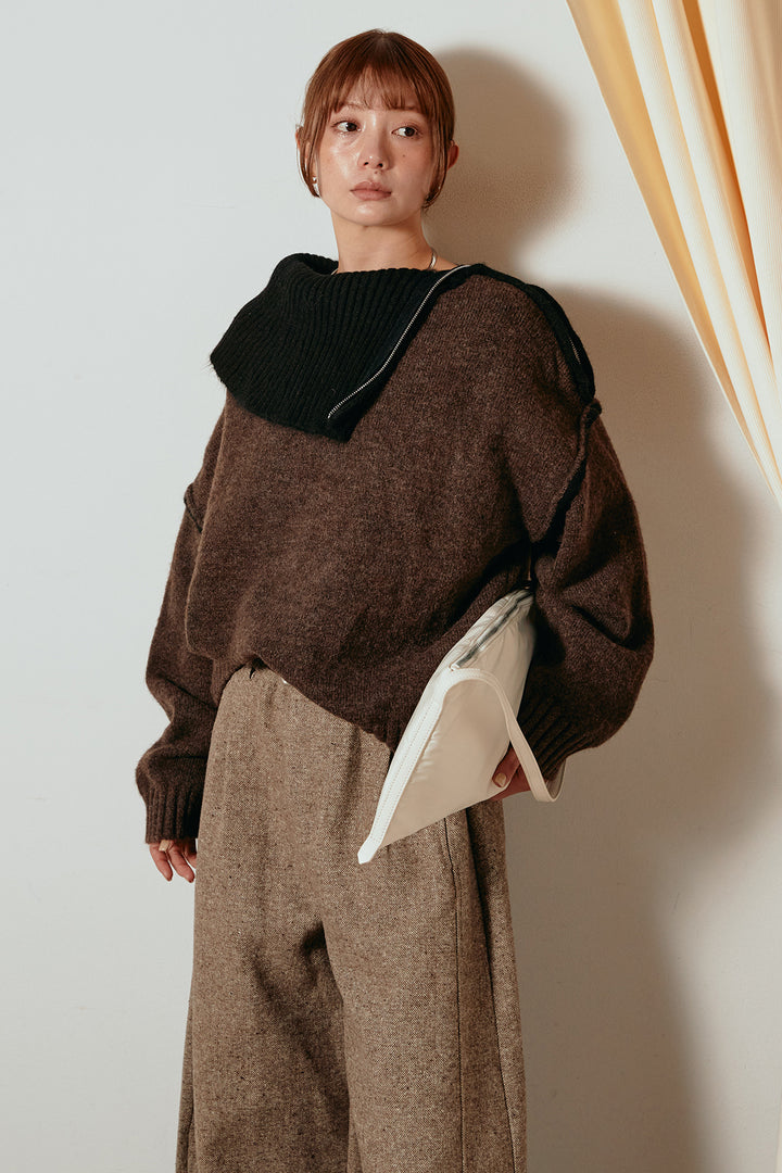 [SET]ハイネックジップデザインニットトップス+ベルト付きネップツイードカーブパンツ(2set)