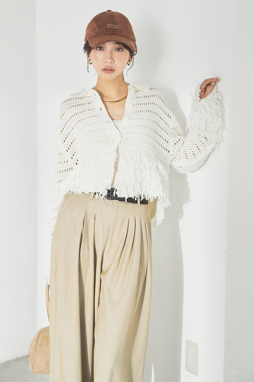 [SET]メッシュフリンジカーディガン+編みベルト付きウエストタックワイドパンツ(2set)