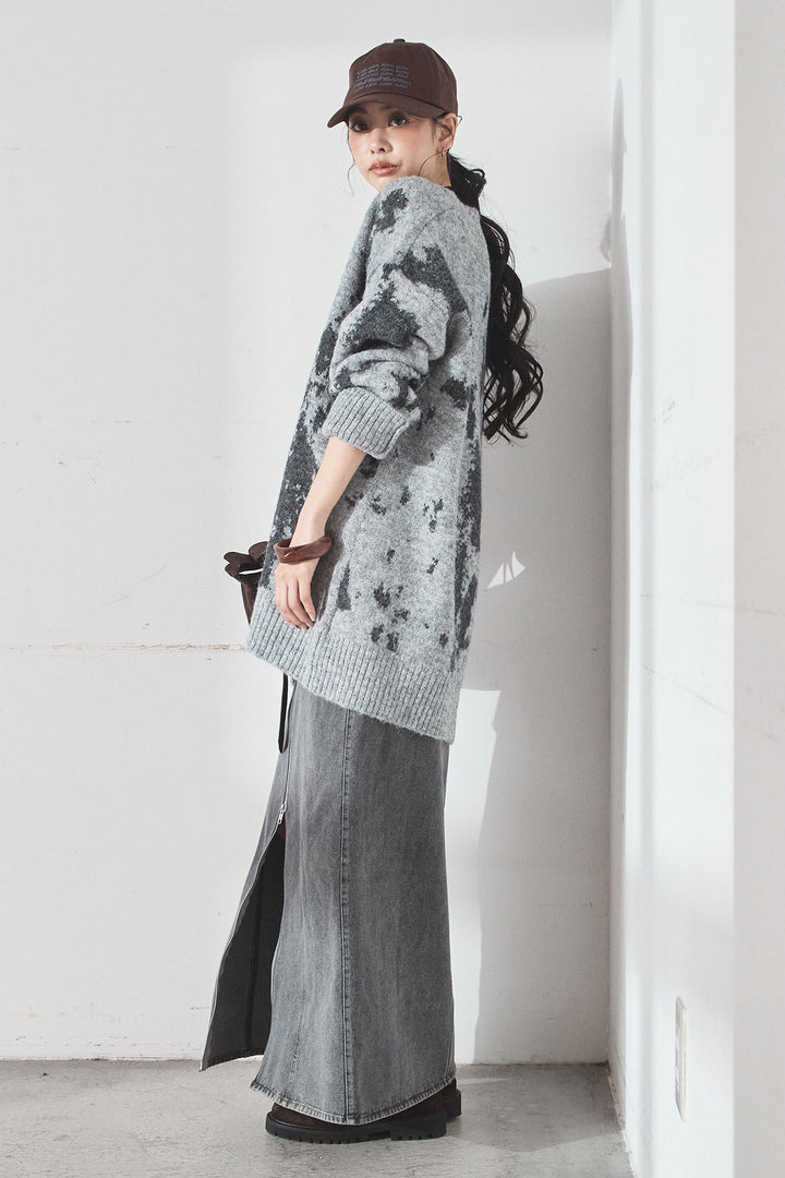 [SET]アブストラクト柄ニットプルオーバー+フロントジップデニムスカート(2set)