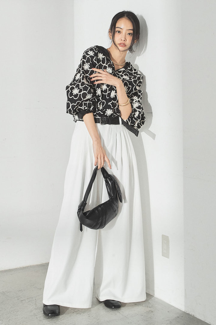 [SET]シアーフラワーフードブルゾン+編みベルト付きウエストタックワイドパンツ(2set)