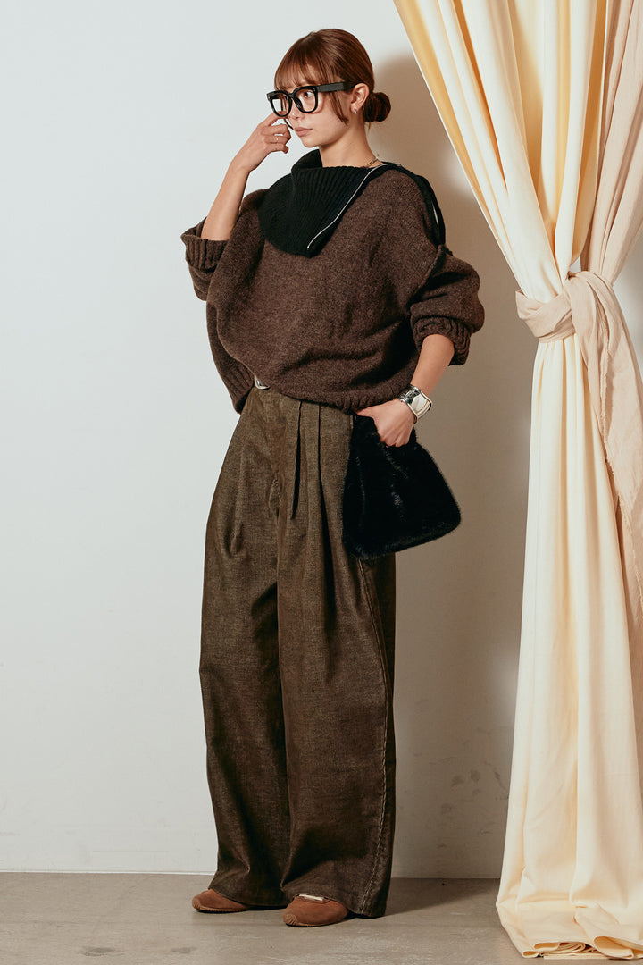 [SET]ハイネックジップデザインニットトップス+フロントタック入りコーデュロイパンツ(2set)