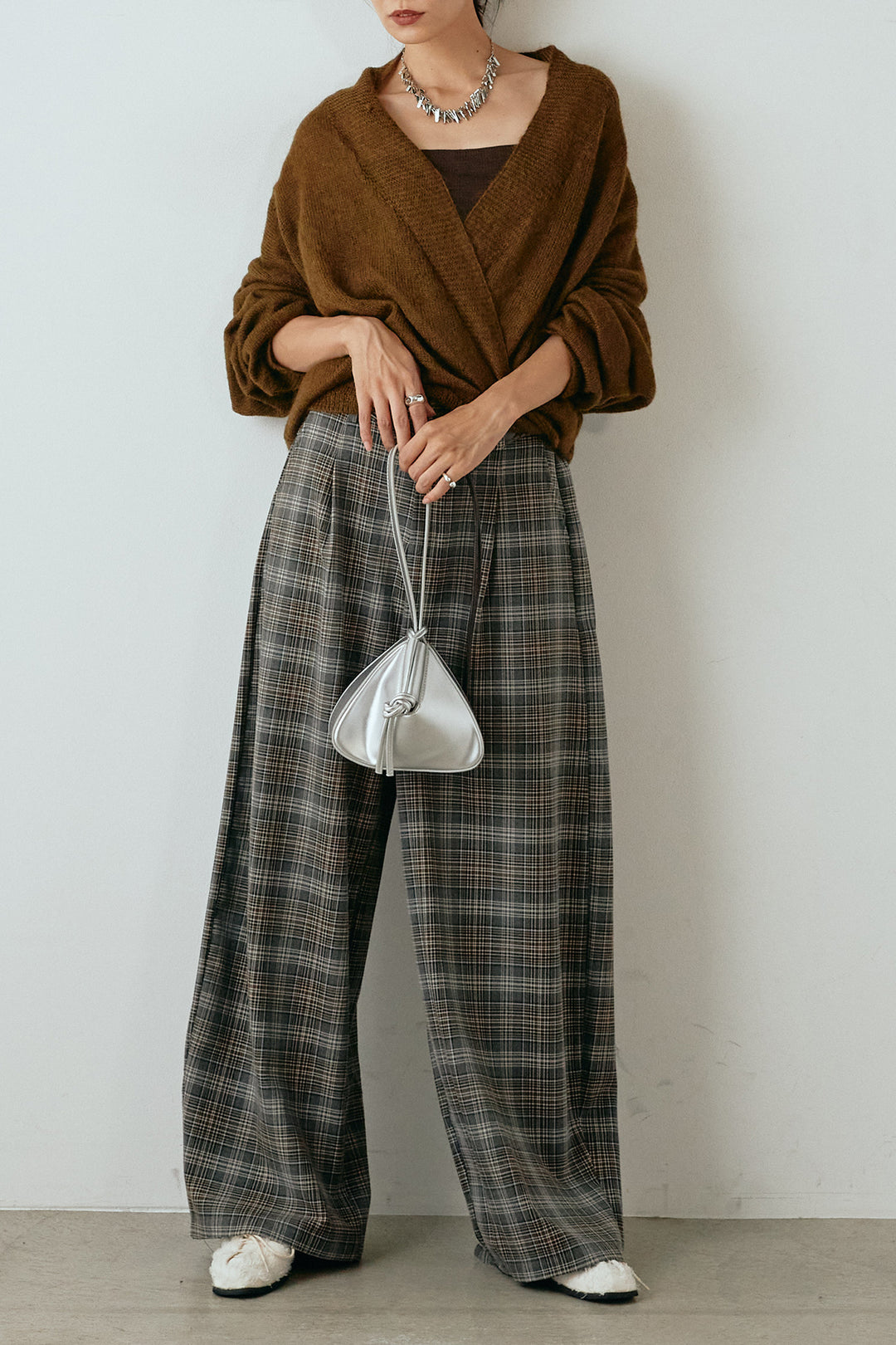 [SET]カシュクールデザインニット+編みベルト付きタータンチェックワイドパンツ(2set)