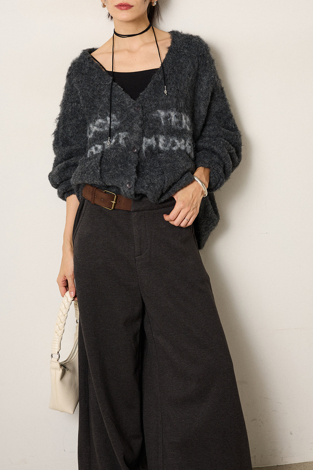 [SET]ウール混透かしロゴニットカーディガン+サイドベルトパンツ(2set)