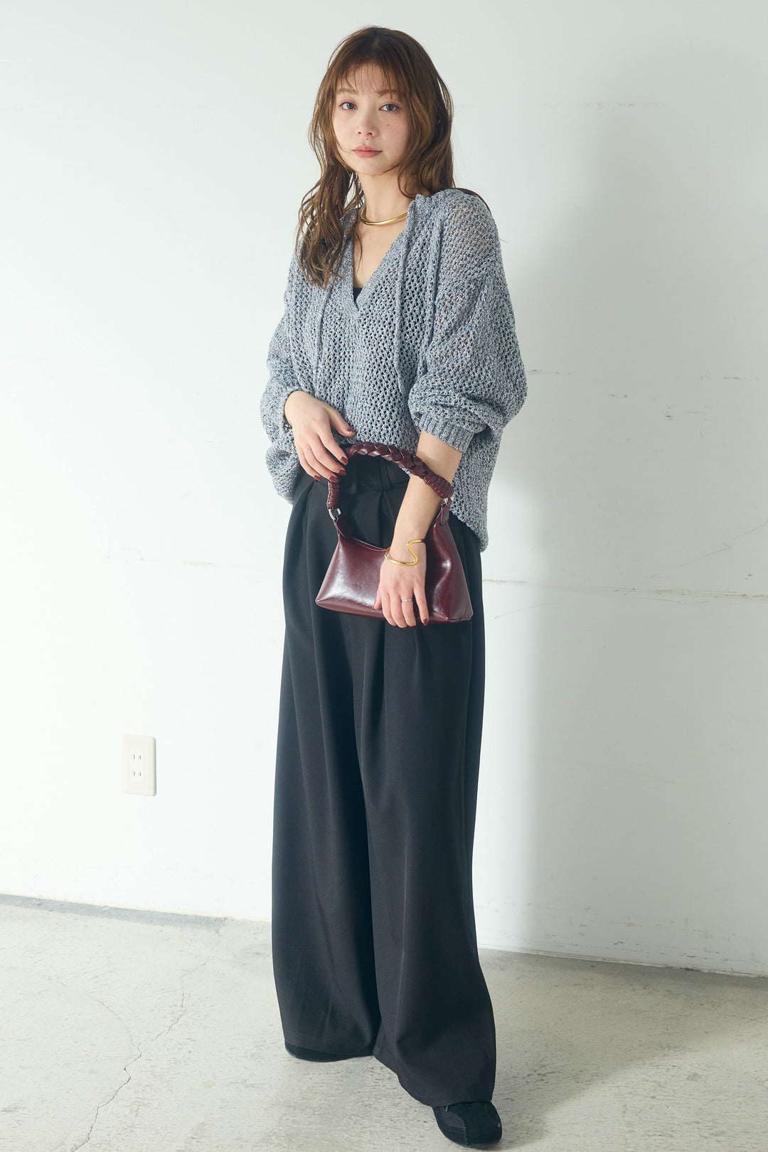 【即納】ミックスメッシュキーネックプルオーバー