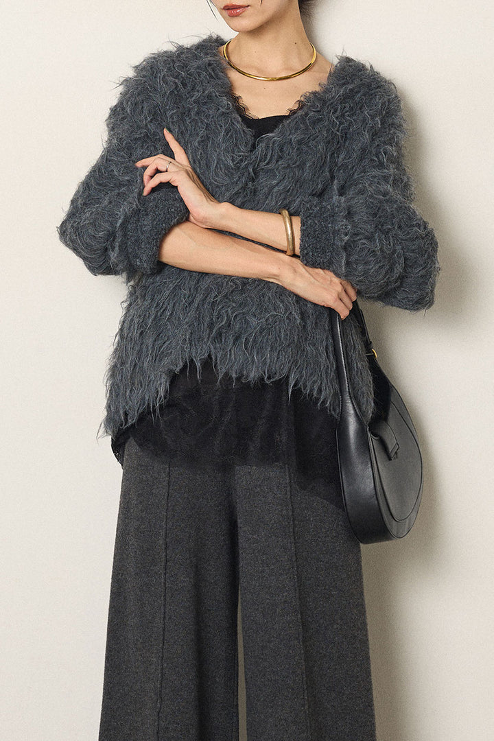 [SET]起毛シャギーニットカーディガン+レース切り替えキャミソール(2set)