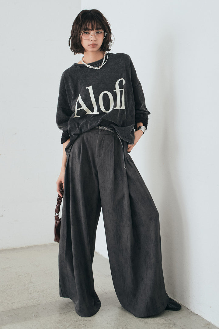 [SET]裾センタードロストロゴプリントワイドTシャツ+紐ベルト付きかすれ柄ワイドスラックス(2set)