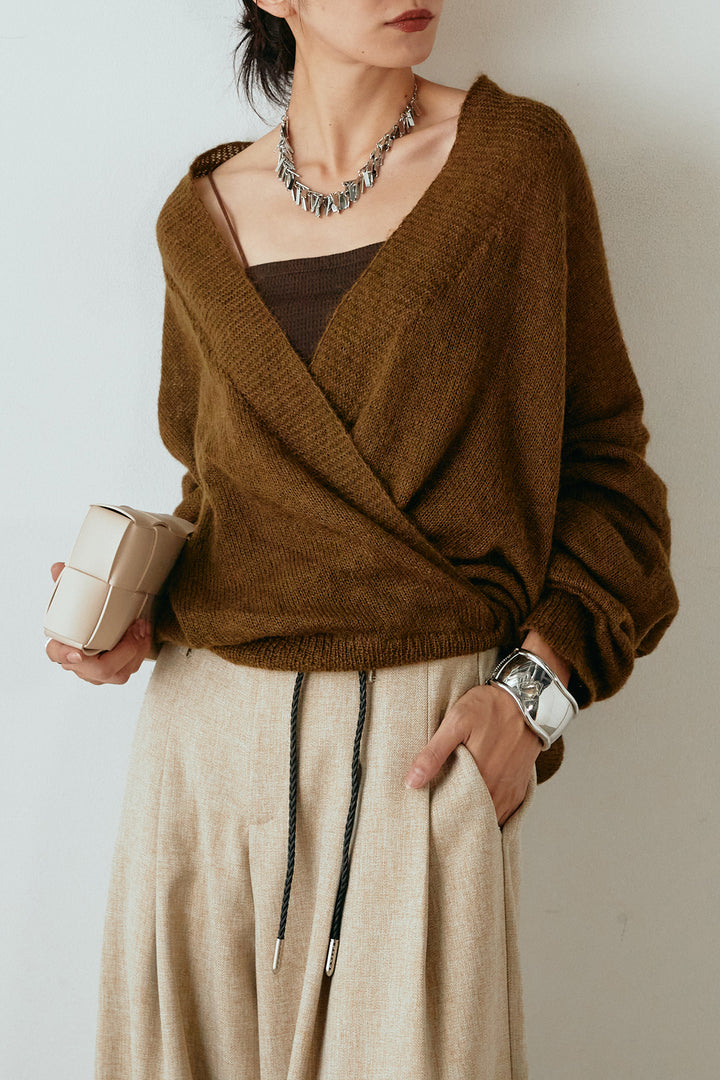 [SET]カシュクールデザインニット+細ベルト付きワイドパンツ(2set)
