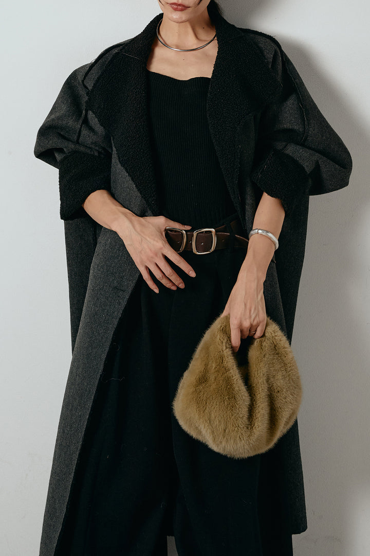 [SET]裏地ボアハイネックロングアウター+フェイクレザー太ベルト付きタックワイドパンツ(2set)