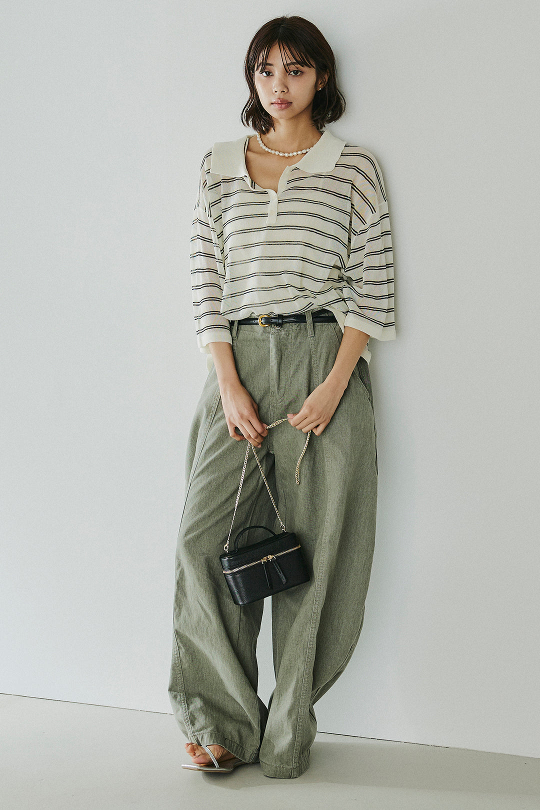 [SET]ボーダーニットポロシャツ+サイドベルトカーブワイドパンツ(2set)