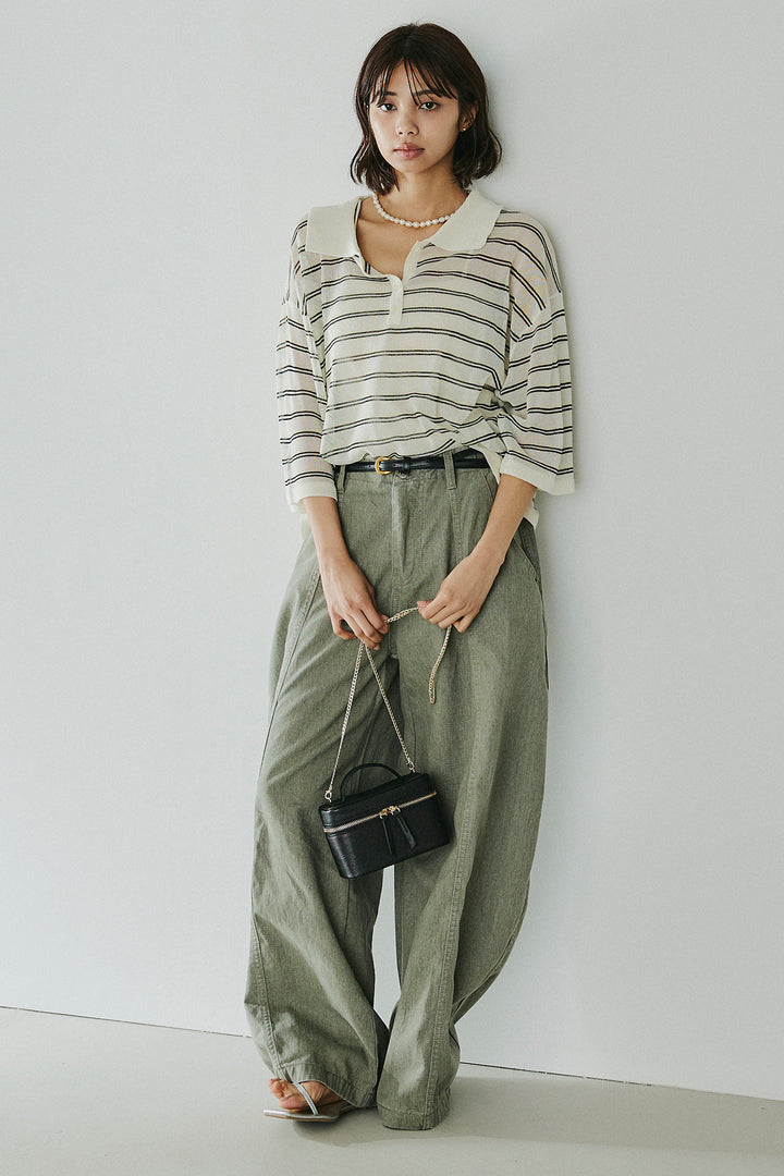 [SET]ボーダーニットポロシャツ+サイドベルトカーブワイドパンツ(2set)