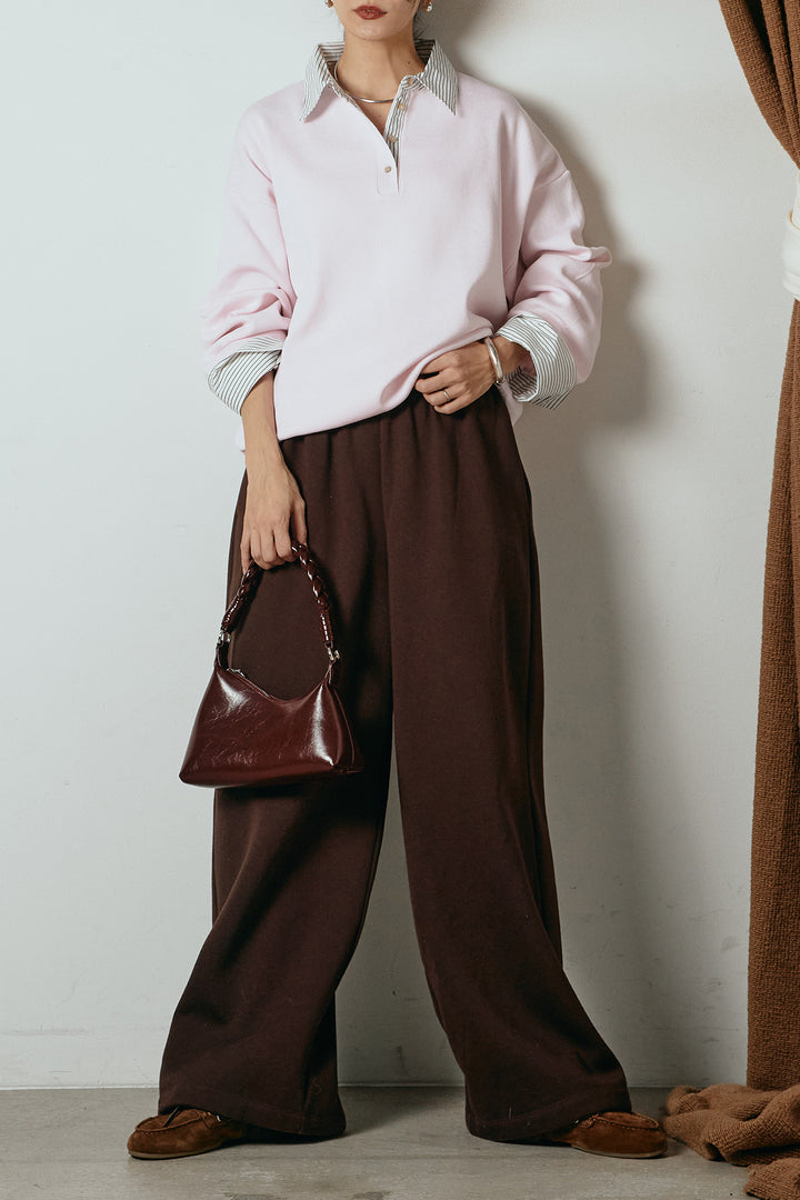 [SET]ストライプシャツドッキングポロトップス+裏起毛スウェットワイドパンツ(2set)