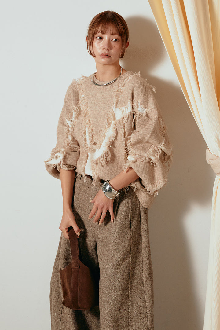[SET]シャギージャガードニットトップス+ベルト付きネップツイードカーブパンツ(2set)