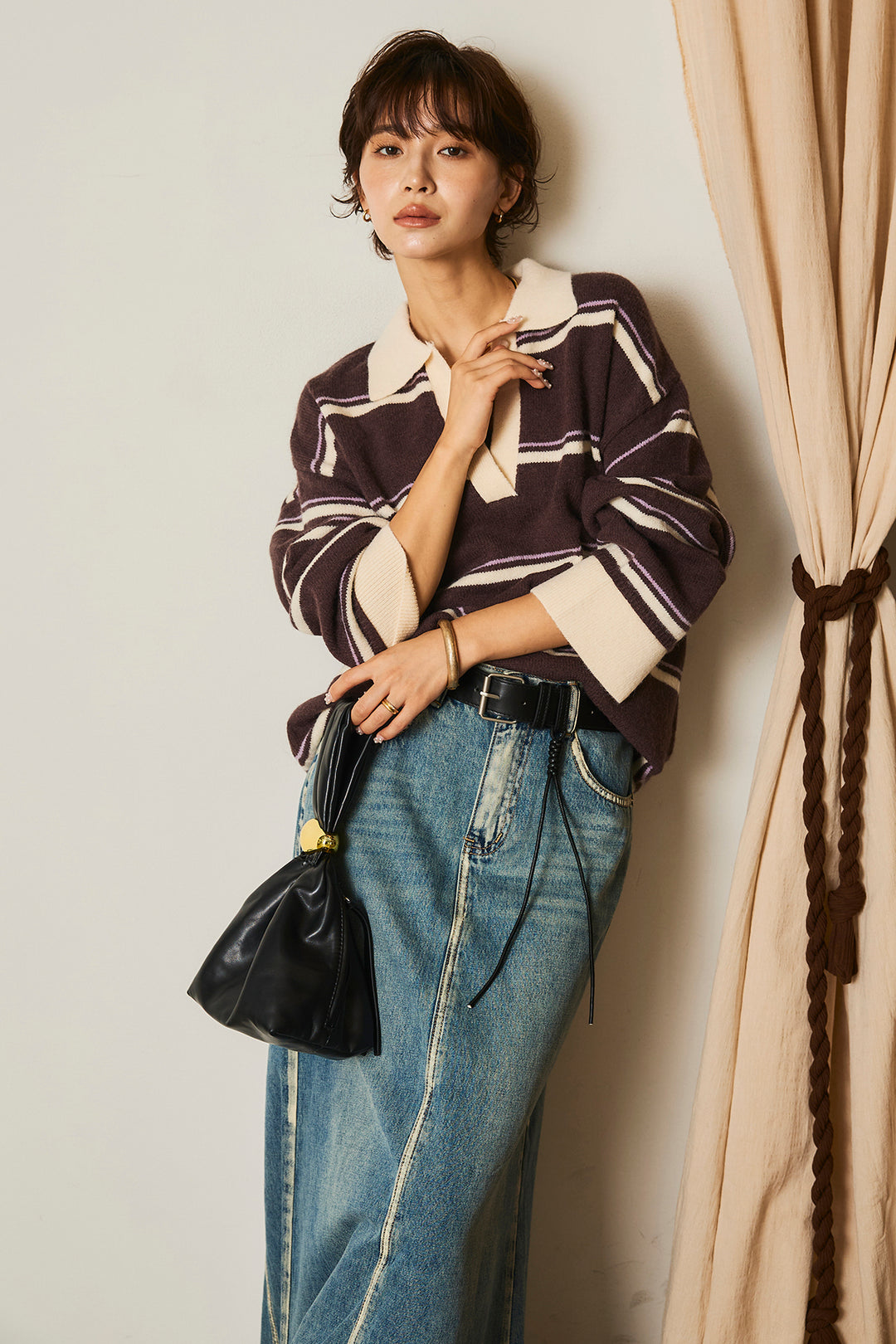 【即納】フェイクレザー太ベルト付きデニムワイドスカート