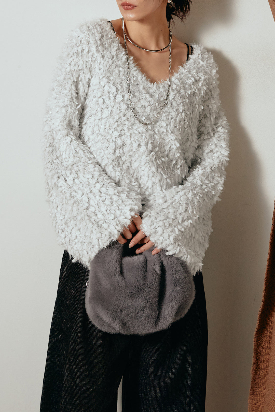 [SET]深Vネックチョウチョヤーンニットトップス+フロントタック入りコーデュロイパンツ(2set)